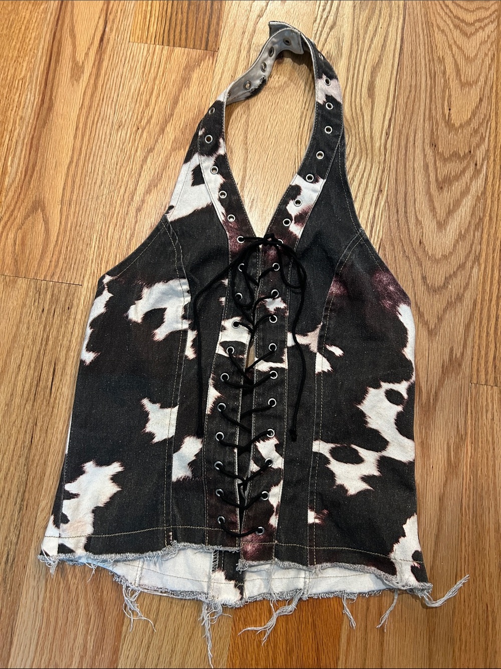 Cow Print Lace-Up Halter Top - Brown & White